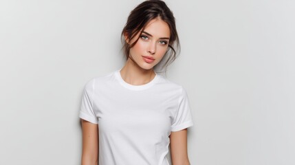Obraz premium A model stands in front of a plain background wearing a white t shirt. She looks directly at the camera with a neutral expression and styled hair. The setting is simple and well lit.