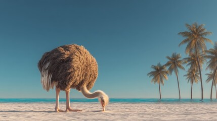 An ostrich is looking for food on a sandy beach while palm trees stand along the shore. The water is calm and the sky is bright and clear during the day.
