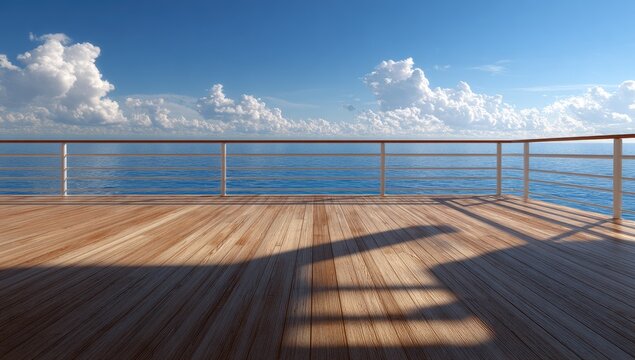 Expansive wooden deck with railing overlooking calm ocean under a bright blue sky