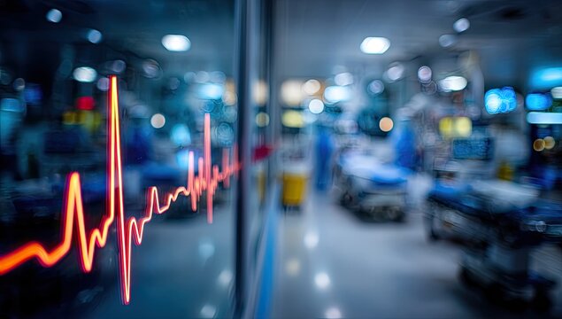 Neonatal intensive care unit with blurred equipment and infant heart monitor reflection