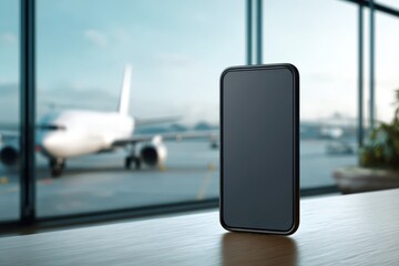 Smartphone on a table with airplane and airport window view