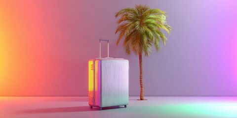 Minimalist scene with a wheeled suitcase and palm tree under neon lights
