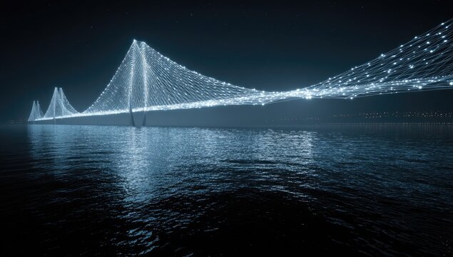 Illuminated suspension bridge spans dark water under starry night sky - Powered by Adobe