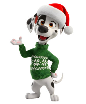 Cachorro Dalmatan Vestido com Tric&ocirc; Verde de Natal AcenandoPara o Lado em 3D