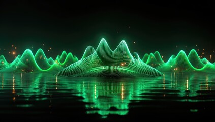 Glowing green digital waveforms emerge from a dark, reflective surface
