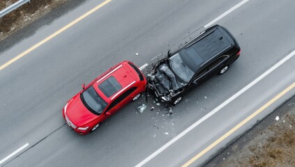 Aerial view of a two-car collision on a highway, with debris scattered
