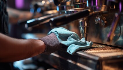 Gloved hand wipes down a professional espresso machine, ready for service