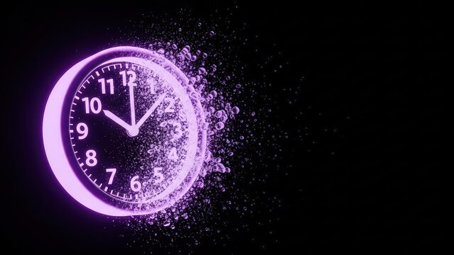 Abstract clock disintegrating in vibrant purple glow  