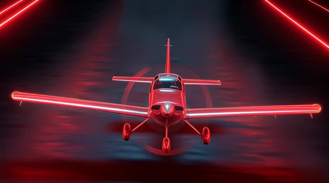 Red airplane flies towards the viewer in a futuristic red-lit scene