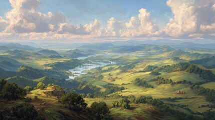 Fototapeta premium A wide view of a green landscape shows rolling hills and a river that winds through the valleys. Fluffy clouds float in a bright blue sky.