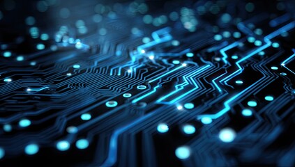 Abstract digital circuit board with glowing blue lines and points
