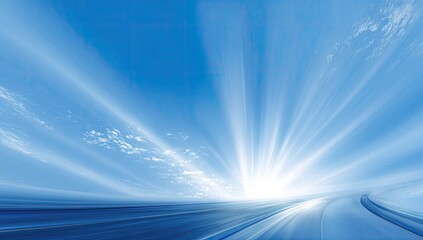 Radiant blue sky with light rays bursting through clouds, over abstract road