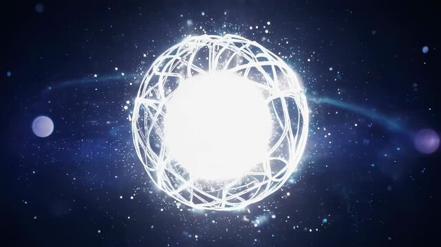 Glowing ethereal orb encased in a delicate geometric structure against a cosmic backdrop