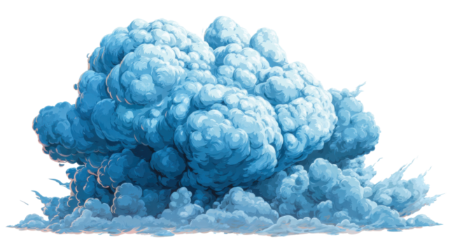 Blue cartoon explosion cloud or smoke burst on transparent background representing impact, power, and volatile energy - Powered by Adobe