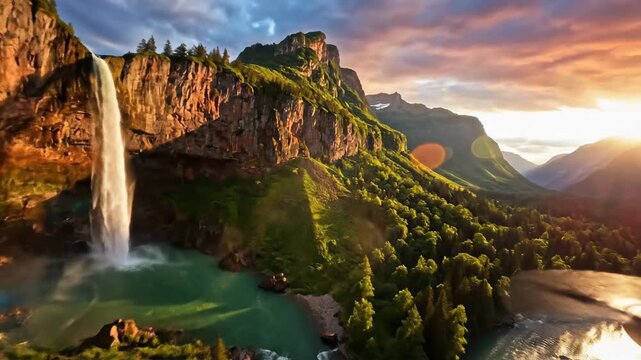 Waterfall Landscape Scenery Mountain, Forest, Sunset, Nature Beauty