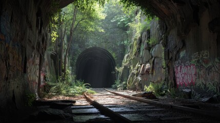 A view of an old railway tunnel with rusted tracks. Green plants and trees grow along the edges. Colorful graffiti covers the walls. The tunnel leads into a dark space. Sunlight shines in.