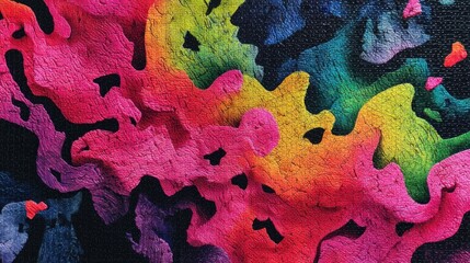 Bright colors blend to form an abstract design. The artwork features pink green and blue shapes. The textures give depth and interest to the piece creating a lively visual effect.