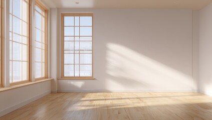 Bright, empty room with large windows casting warm, diagonal light on wood floor