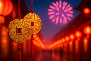 Chinese New Year gold fortune coins with red tassels surrounded by glowing lanterns and festive fireworks at night street