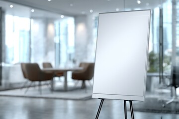 Empty whiteboard on easel in modern conference room with glass walls
