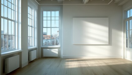 Bright, minimalist interior with large windows and a blank canvas on the wall