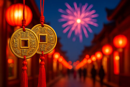 Chinese New Year gold fortune coins with red tassels surrounded by glowing lanterns and festive fireworks at night street - Powered by Adobe