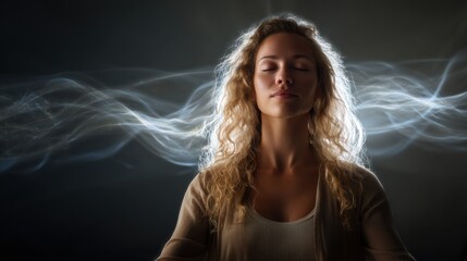 A woman sits with her eyes closed in a dim room. Light patterns swirl around her while she focuses on her breath. She is engaged in meditation promoting inner awareness.