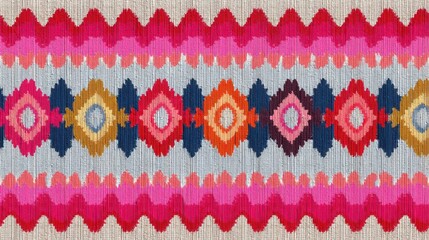 Brightly colored textile features geometric shapes arranged in a repeating pattern. This piece showcases the artistry of local weavers. It is displayed in a craft market during the day.