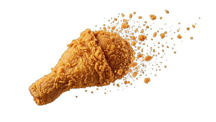 Fried Chicken Drumstick Exploding Crumbs on White