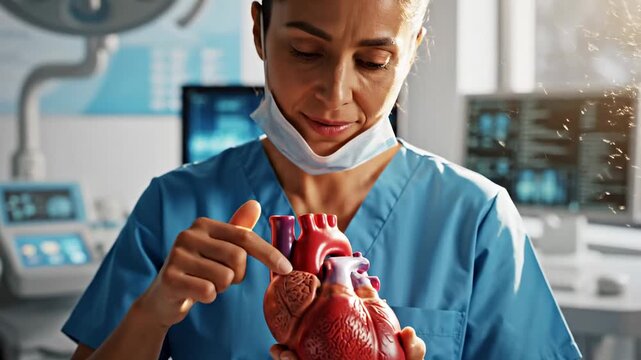Medical professional examining a human heart model in a brightly lit operating room, medical study concept no comma or special character at the end
