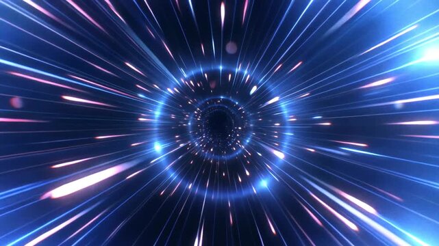 Glowing blue light streaks rushing through an abstract science fiction space time travel tunnel