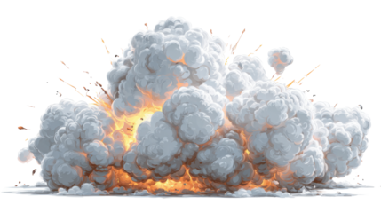 Explosive cartoon cloud creating a dynamic burst of smoke and fire with debris, an epic boom effect on transparent background
