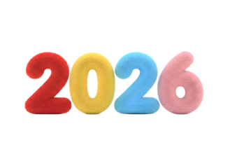 2026 Colorful Plush Numeral Set - New Year, Future, Celebration Decor on white background Isolated on Transparent Background