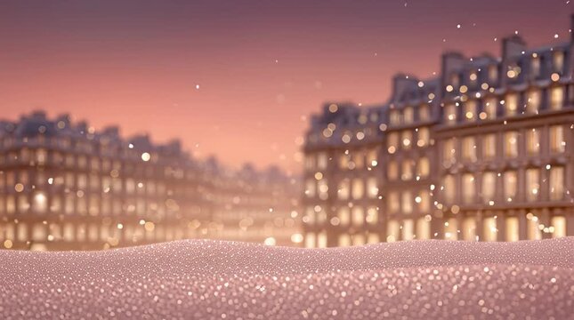 Sparkly snowy ground before a blurred Parisian cityscape under a pink-orange sky