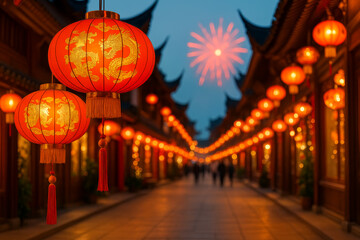 Chinese New Year red lanterns with golden dragon patterns glowing along festive night street with soft fireworks background
