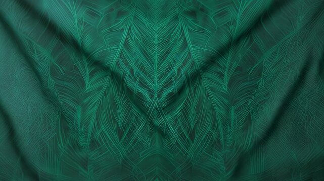 Teal fabric with an abstract symmetrical feather-like pattern