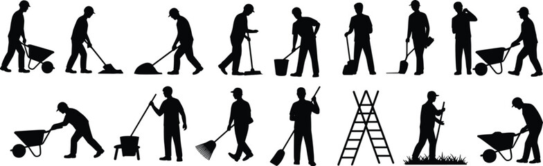 Obraz premium Construction and gardening workers silhouette set with tools, wheelbarrow, shovel, rake, sweeping, bucket, ladder, teamwork, outdoor labor poses