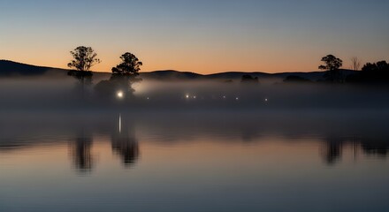 Obraz premium Tranquil morning mist hovers above a still lake, reflecting the soft glow of the breaking day and distant lights, evoking a sense of calm mystery