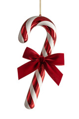 Shiny red and white candy cane styled christmas ornament, tied with classic red bow, isolated on transparent background