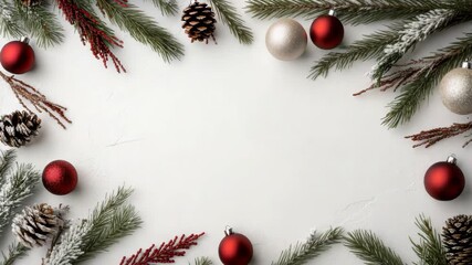 Festive pine red bauble pinecone evergreen holiday christmas ornament border creating cozy holiday - Powered by Adobe