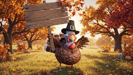 Thanksgiving Turkey with Pilgrim Hat in Autumnal Scene Holding Empty Signboard Ready for Holidays Message