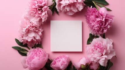 Obraz premium A circle of pink peonies frames a square canvas placed on a pink surface. The scene is simple and colorful showcasing the flowers' petals and leaves around the empty space.