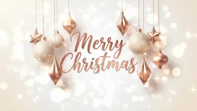 Luxurious rose gold Merry Christmas script surrounded by elegant hanging ornaments and sparkling bokeh lights festive winter holiday background design