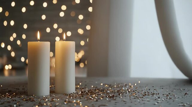 Soft glowing candlelight flame with bokeh, two glowing pillar candles and confetti glowing ambiance