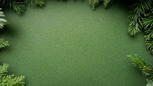 Evergreen fir branches framing textured green background, fresh pine branch conifer frame creating