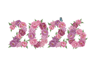 2026 Floral Numbers: Pink & Purple Rose Design for New Year, Events, Celebrations & Future Planning on white background Isolated on Transparent Background