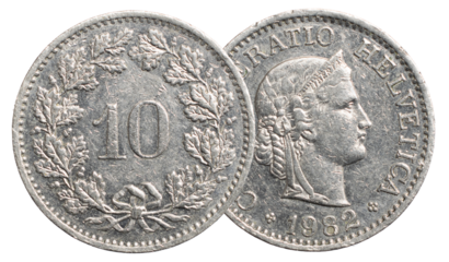 ten Switzerland helvetica Coin isolated on white background