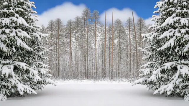 Snowy evergreen tree and pine tree framing serene snowfield winter landscape forest clearing with
