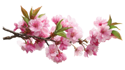 Blooming pink sakura flowers on a branch with fresh leaves, representing spring, nature, and new beginnings on transparent background