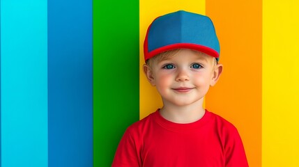 Smiling young boy poses wearing a blue cap and red shirt against a vividly colorful striped background.